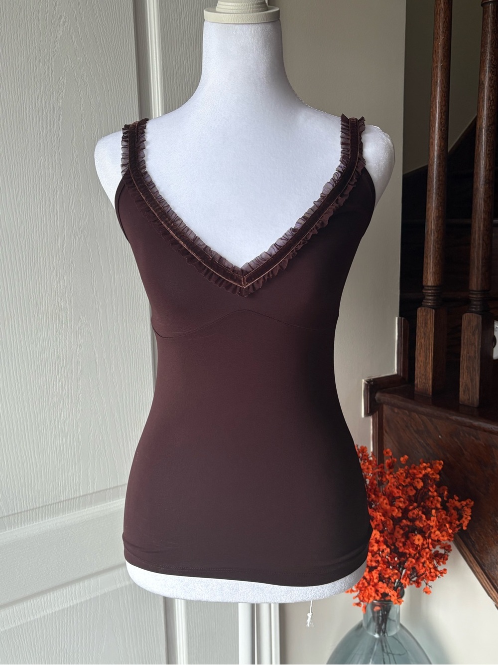 Y2K Brown V-Neck Velvet Ruffle Trim Tank Top with Lace back